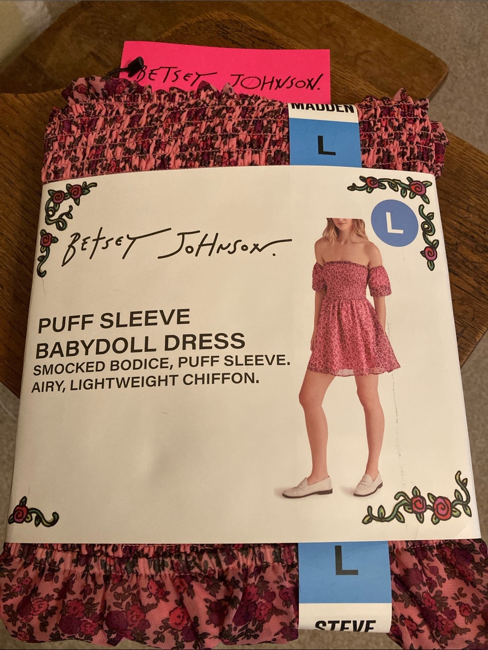 Steve Madden x Betsey Johnson Puff Sleeve Babydoll Dress “Pink” Sz L NWT
